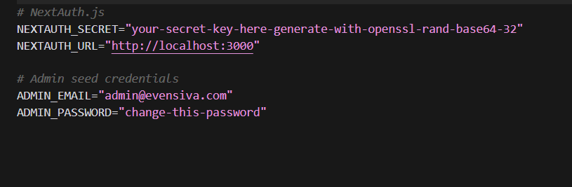 Example .env.local snippet: NextAuth secret and URL, admin email and password comments