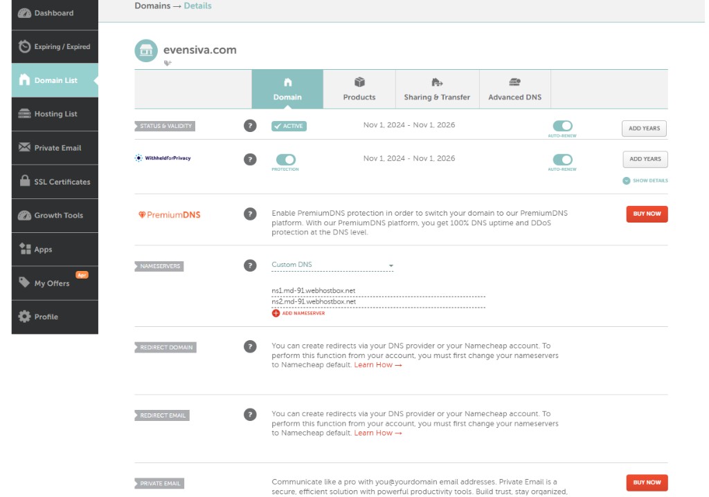 Namecheap domain Details: Domain tab, Custom DNS nameservers ns1 and ns2 webhostbox