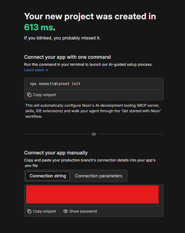 Neon dashboard after project creation: success message, optional neonctl init, and manual connection string section with sensitive details redacted
