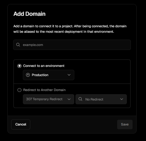 Vercel Add Domain modal: domain input, Connect to Production environment or Redirect to another domain with 307 redirect