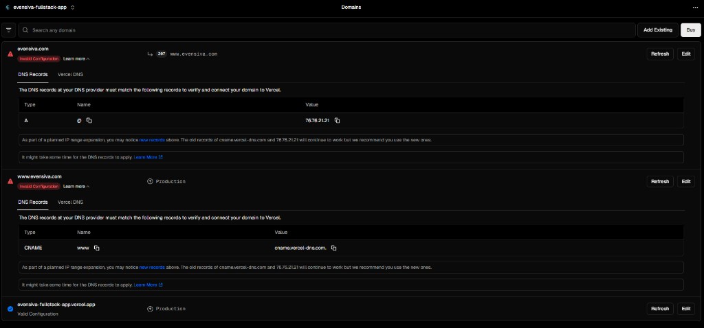 Vercel project Domains: evensiva.com and www with Invalid Configuration, vercel.app valid, A and CNAME records listed