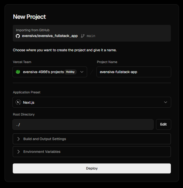 Vercel New Project screen: GitHub import, team, project name, Next.js preset, root directory, Advanced sections for build and env vars, Deploy button